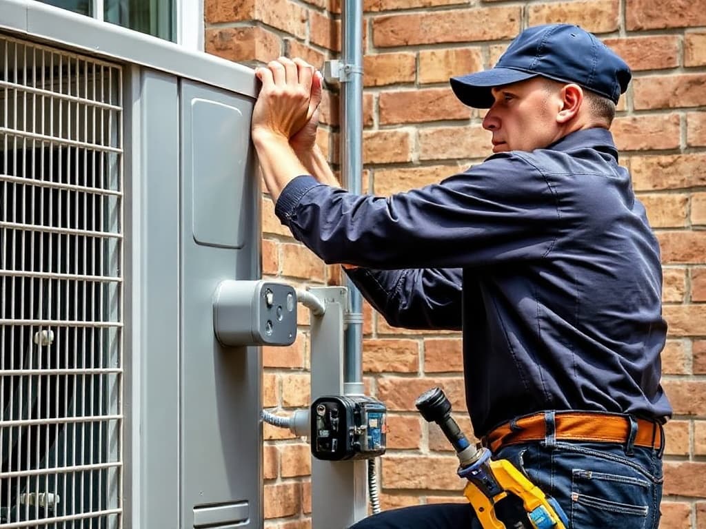 An HVAC technician servicing an outdoor air conditioning unit in daylight.