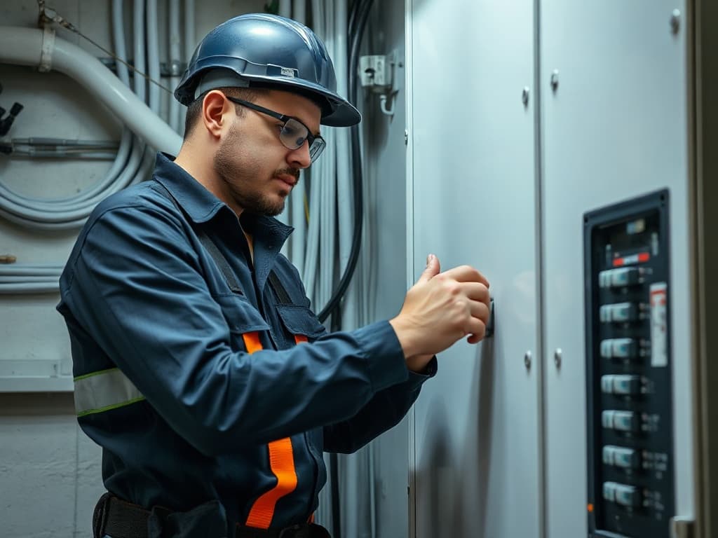 An electrician servicing a residential electrical panel in safety gear.