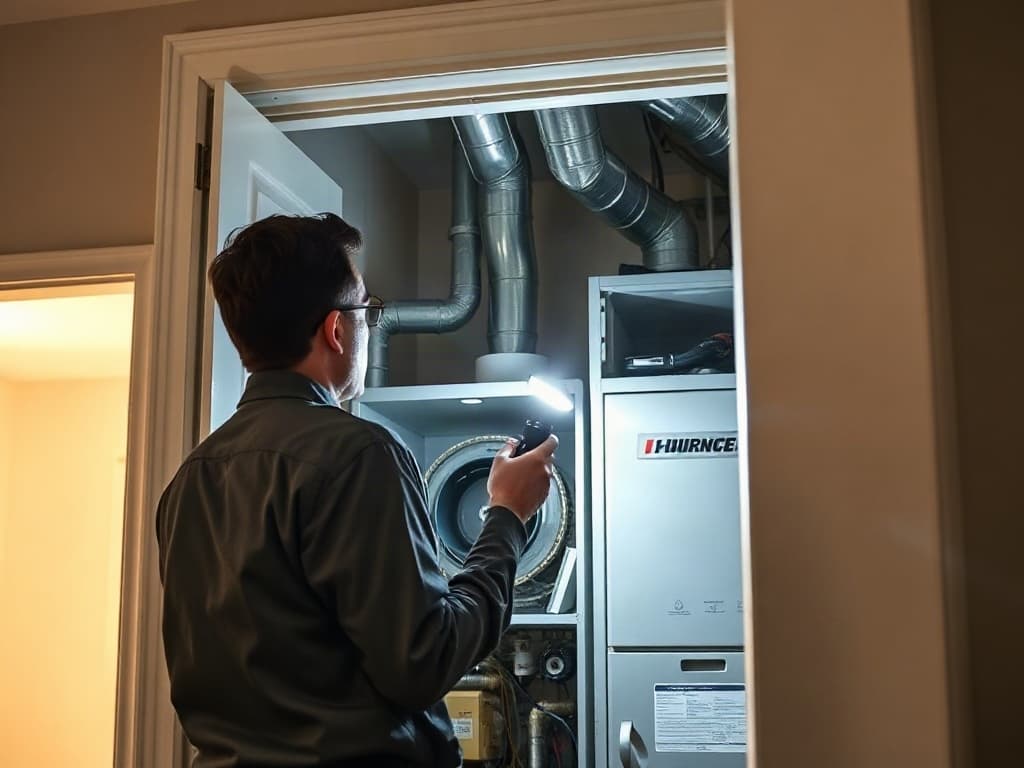 An HVAC technician inspecting a residential furnace in a utility closet with a flashlight.